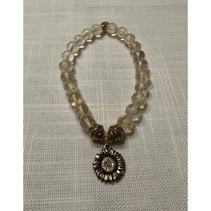 Evadane Beaded Sunflower Charm Bracelet Gold Tone Clear Amber Quartz Stretch